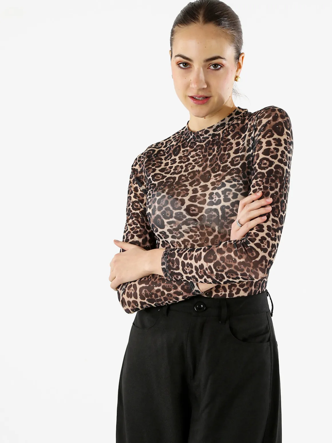 Miss Kimery Top body donna animalier a maniche lunghe - beige