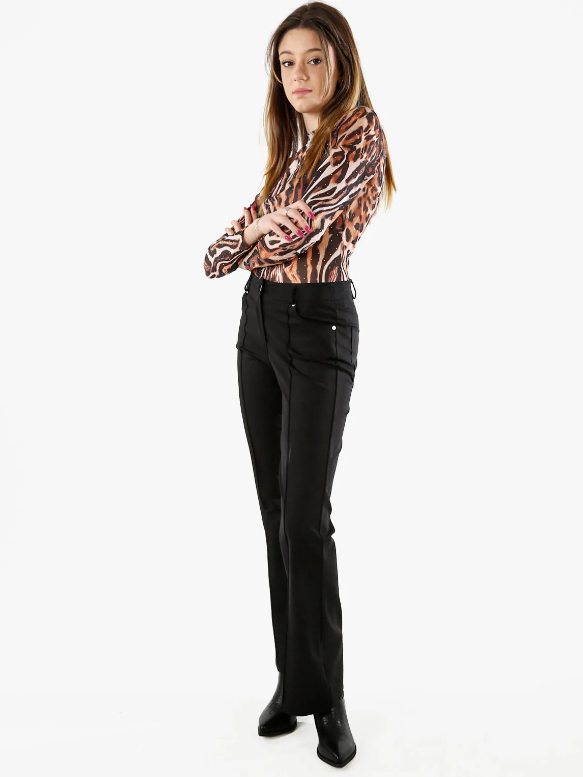 Miss Kimery Top body donna animalier a maniche lunghe - marrone