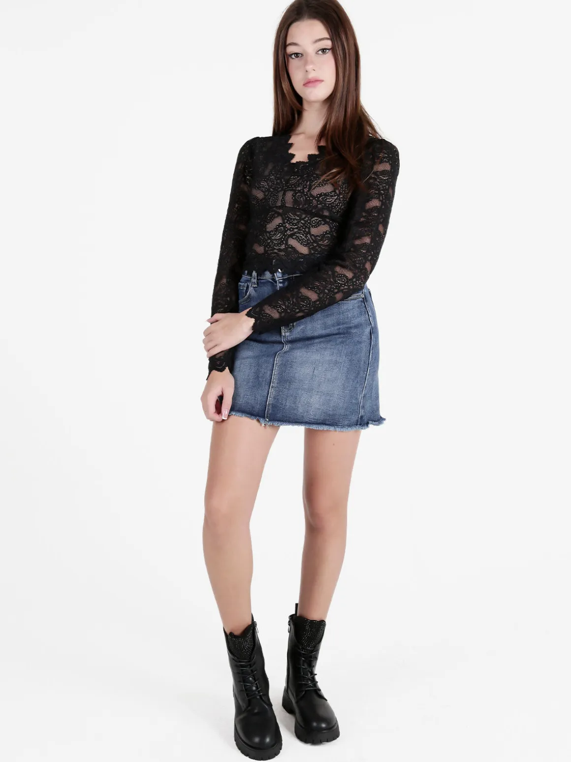 Miss Kimery Top donna in pizzo a maniche lunghe con scollo a V