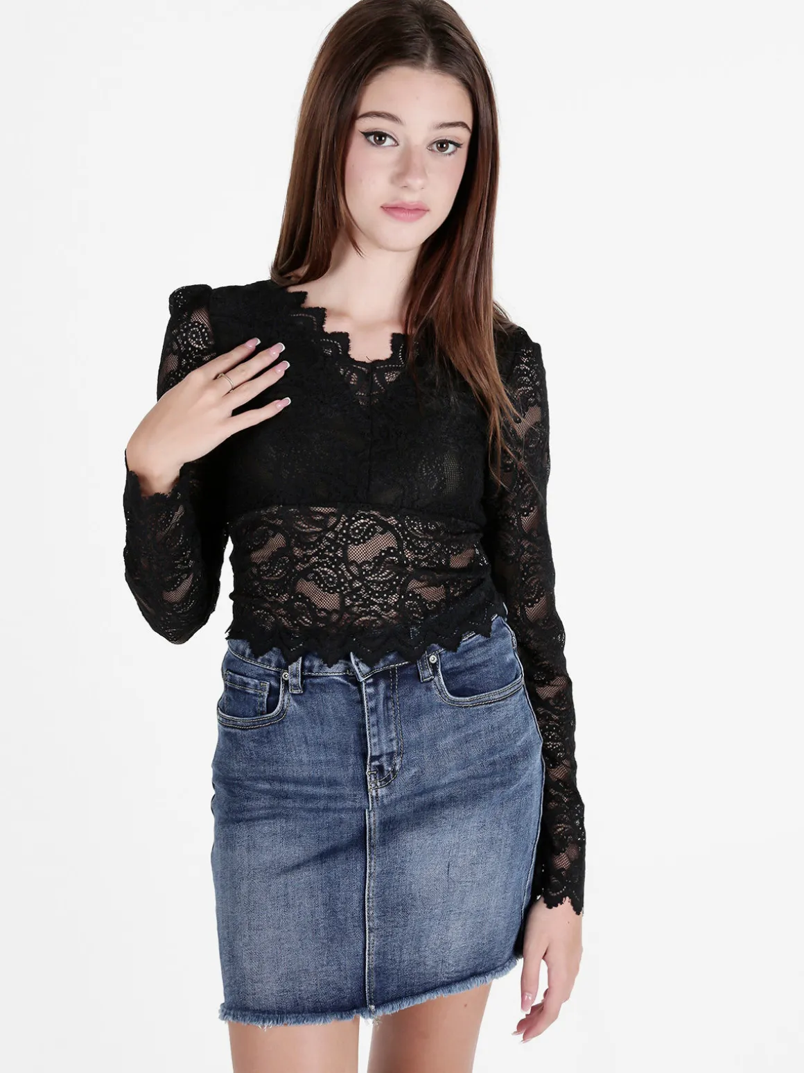 Miss Kimery Top donna in pizzo a maniche lunghe con scollo a V