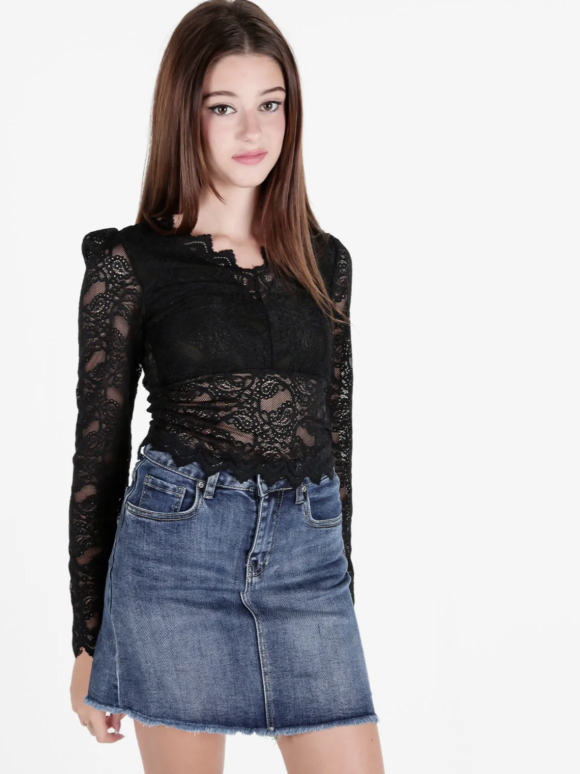 Miss Kimery Top donna in pizzo a maniche lunghe con scollo a V