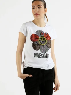 Miss Kiss T-shirt donna fiore con strass colorati