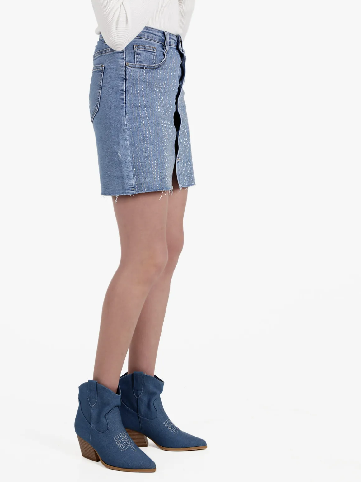 Miss Sister Gonna in jeans da donna con bottoni e strass