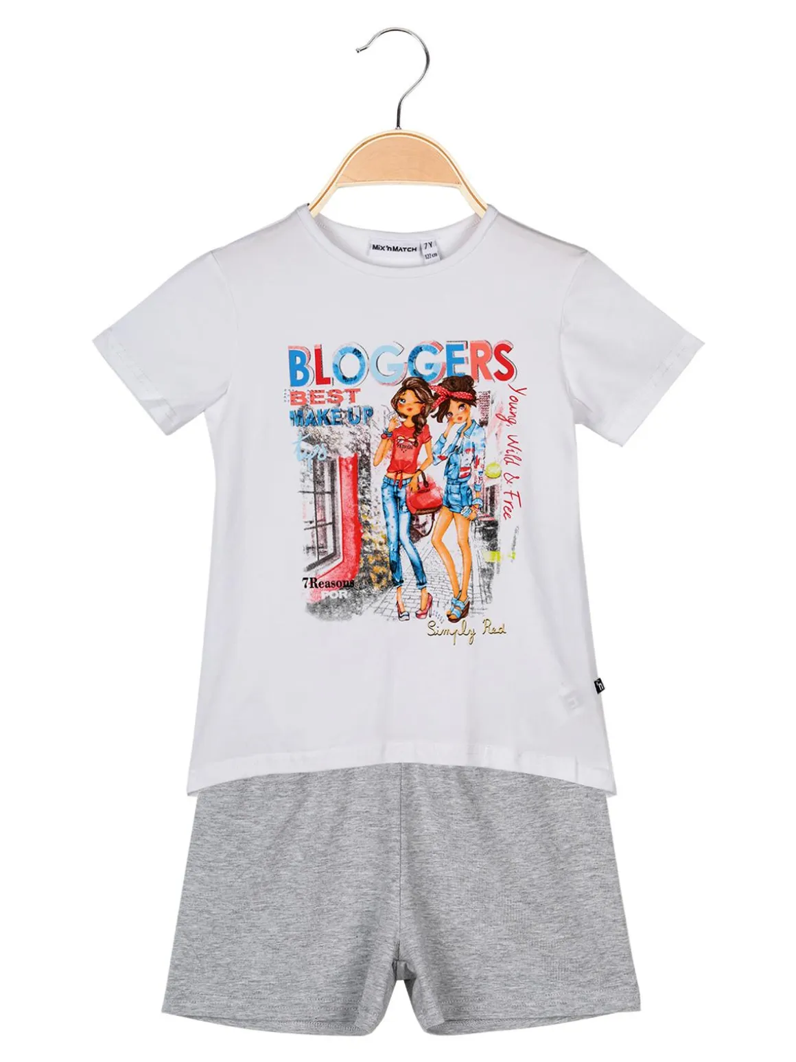 Mix'N Match T-shirt con stampa disegni e strass + shorts completo in cotone estivo
