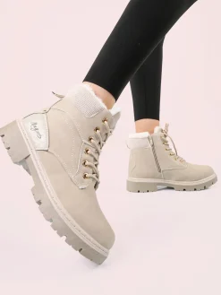 M.N.G. Collection Anfibi donna con lacci e zip e fodera in ecopelliccia - beige