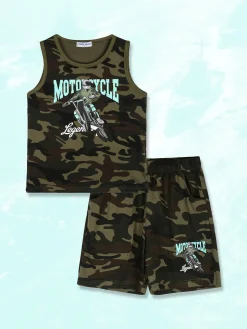 Moda Junior Completo corto militare da bambino con canotta e bermuda