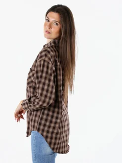 Monique Camicia donna a maniche lunghe con stampa a quadri e taschino - marrone