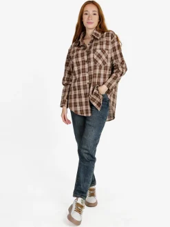 Monique Camicia donna oversize a quadri con taschino - marrone