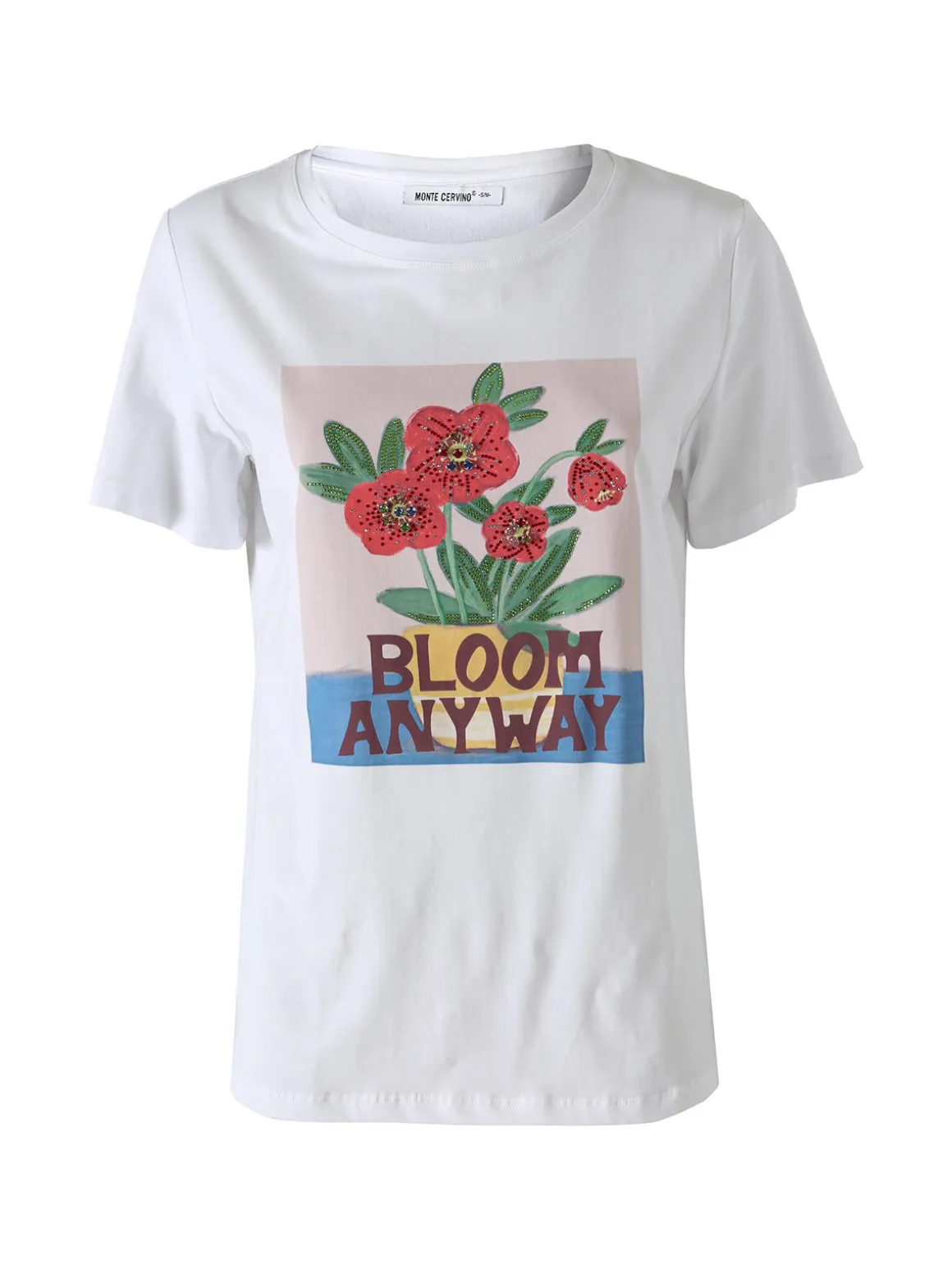 Monte Cervino T-shirt da donna in cotone con stampa fiori e strass - rosso