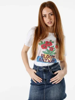 Monte Cervino T-shirt da donna in cotone con stampa fiori e strass - rosso