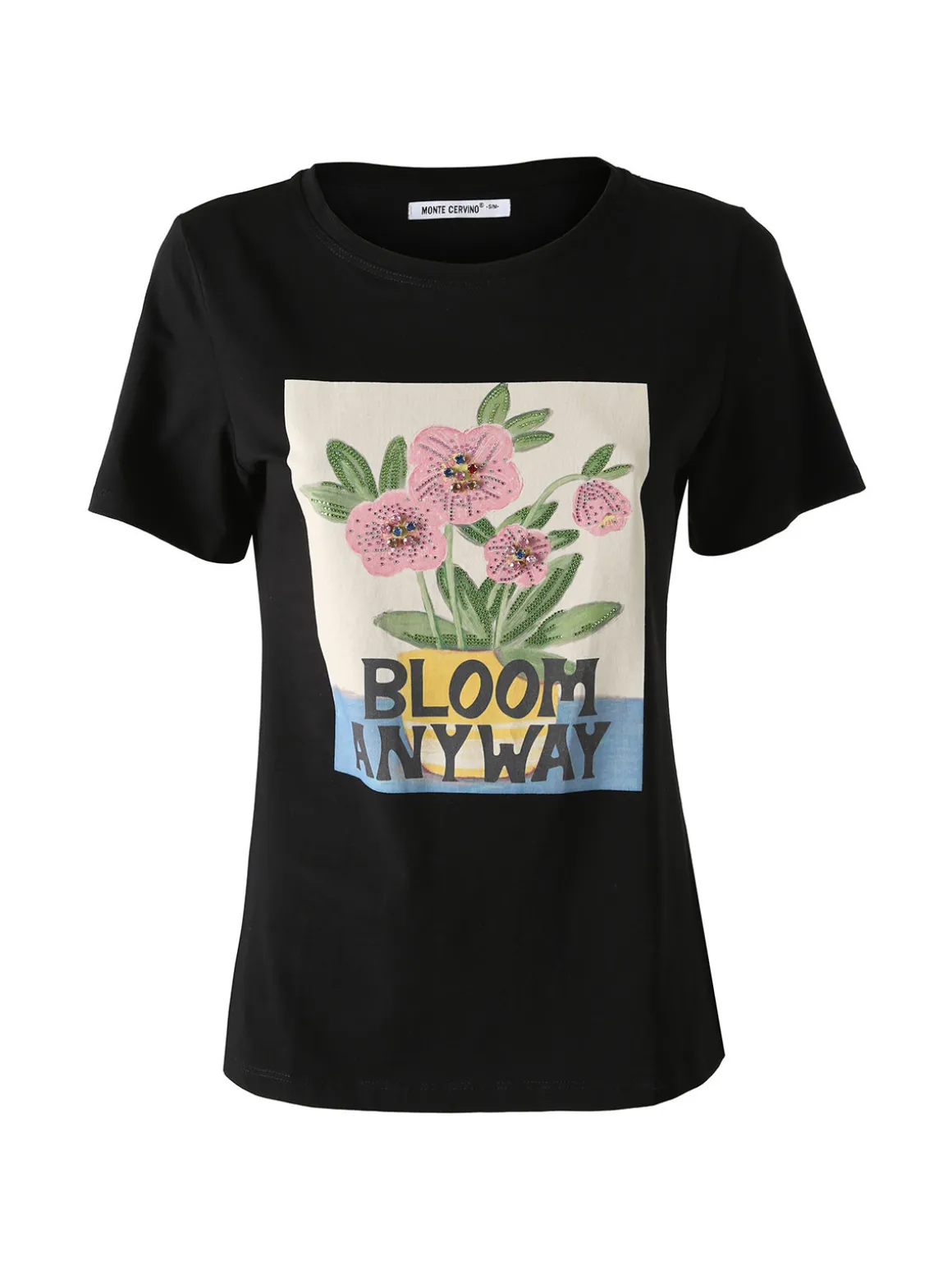 Monte Cervino T-shirt da donna in cotone con stampa fiori e strass - nero
