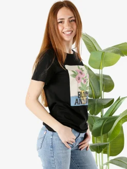 Monte Cervino T-shirt da donna in cotone con stampa fiori e strass - nero