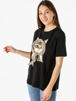 Monte Cervino T-shirt donna con stampa gatto - nero