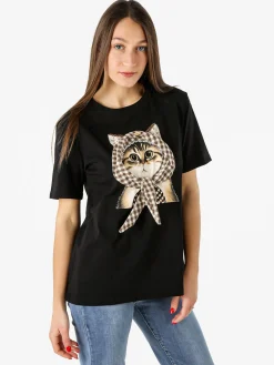 Monte Cervino T-shirt donna con stampa gatto - nero