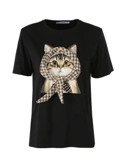 Monte Cervino T-shirt donna con stampa gatto - nero