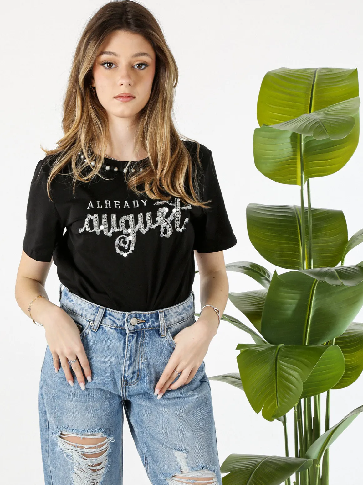 Monte Cervino T-shirt donna in cotone con perle e strass - nero