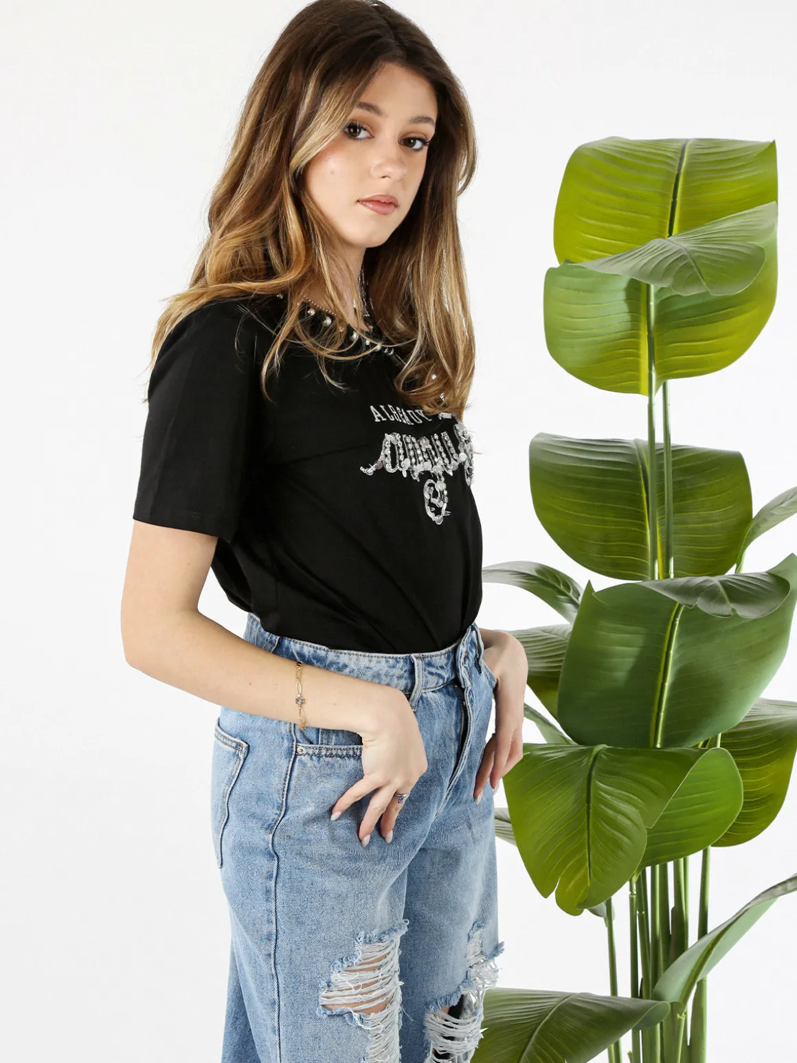 Monte Cervino T-shirt donna in cotone con perle e strass - nero