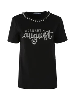 Monte Cervino T-shirt donna in cotone con perle e strass - nero