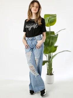 Monte Cervino T-shirt donna in cotone con perle e strass - nero