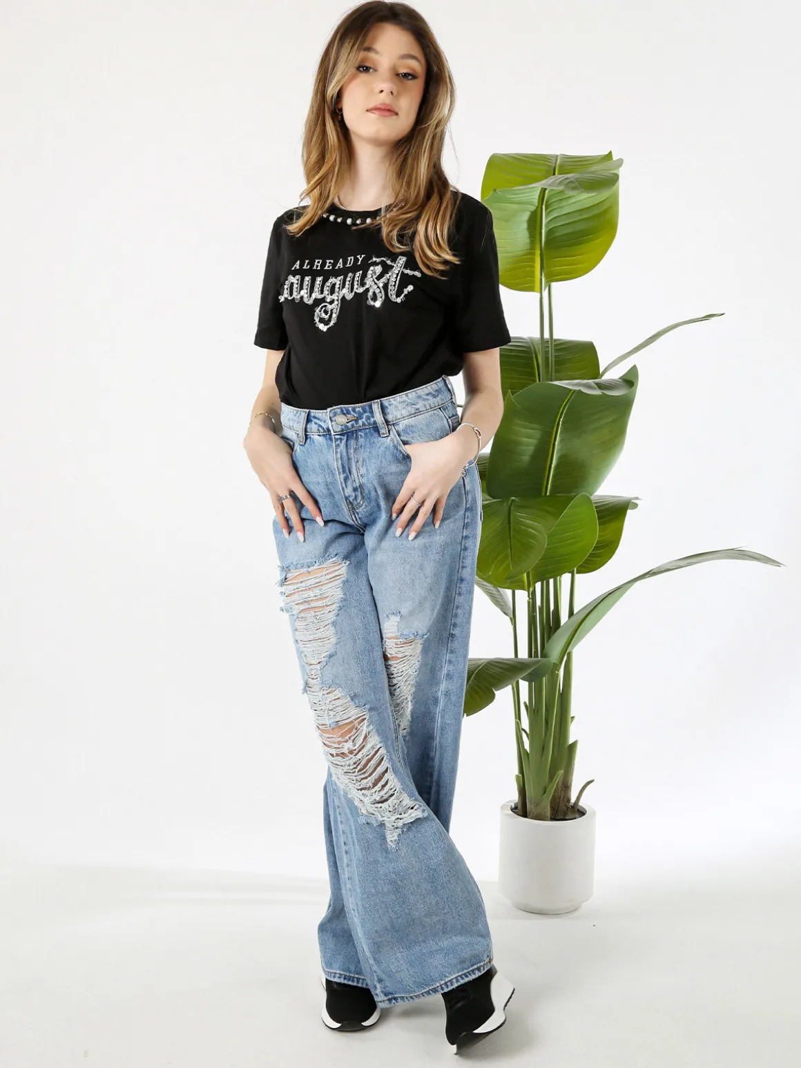 Monte Cervino T-shirt donna in cotone con perle e strass - nero
