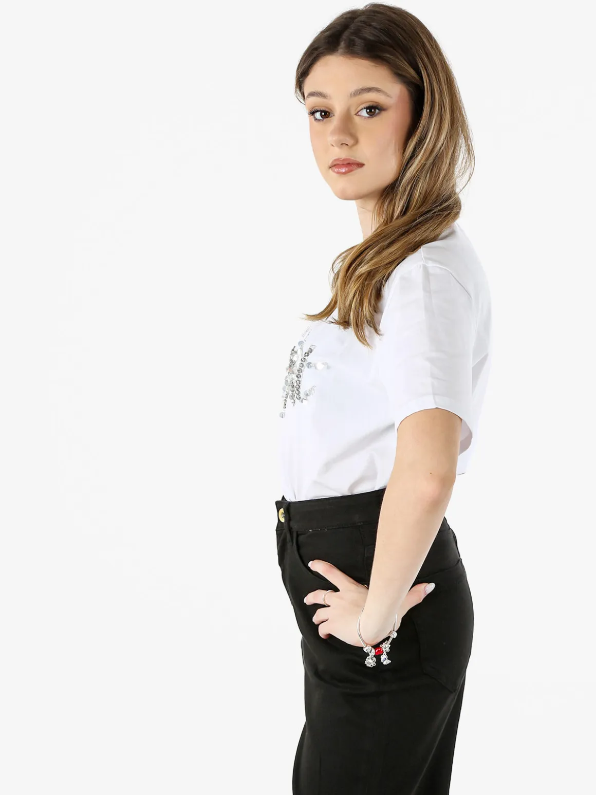 Monte Cervino T-shirt donna in cotone con perle e strass - bianco