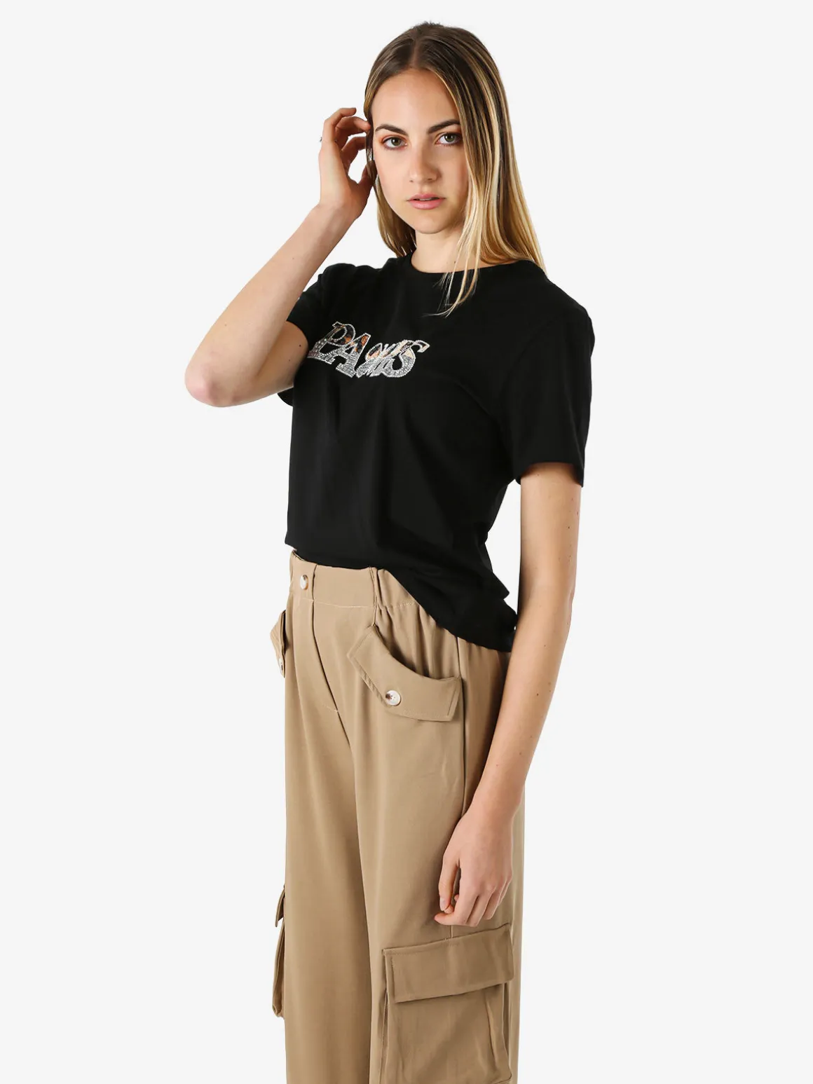 Monte Cervino T-shirt donna in cotone con stampa e strass - nero