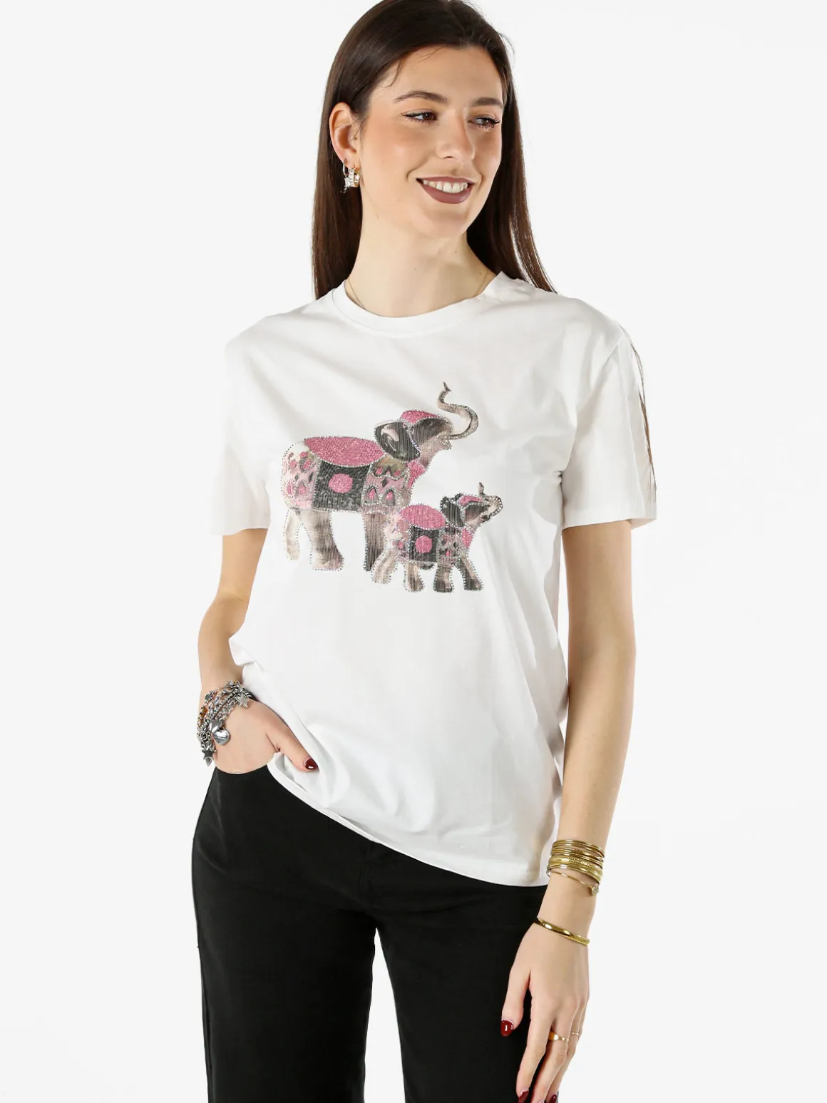 Monte Cervino T-shirt donna in cotone con stampa e strass - rosa