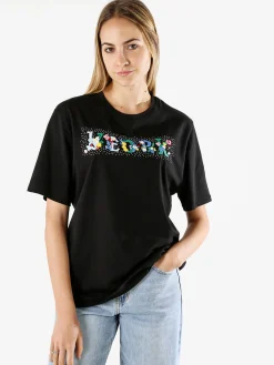 Monte Cervino T-shirt donna in cotone oversize con ricami e strass - nero
