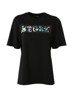 Monte Cervino T-shirt donna in cotone oversize con ricami e strass - nero