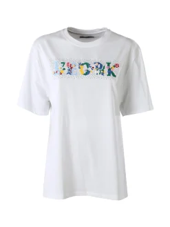Monte Cervino T-shirt donna in cotone oversize con ricami e strass - azzurro