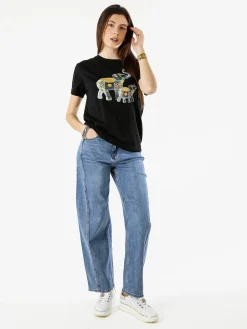 Monte Cervino T-shirt donna in cotone con stampa e strass - nero