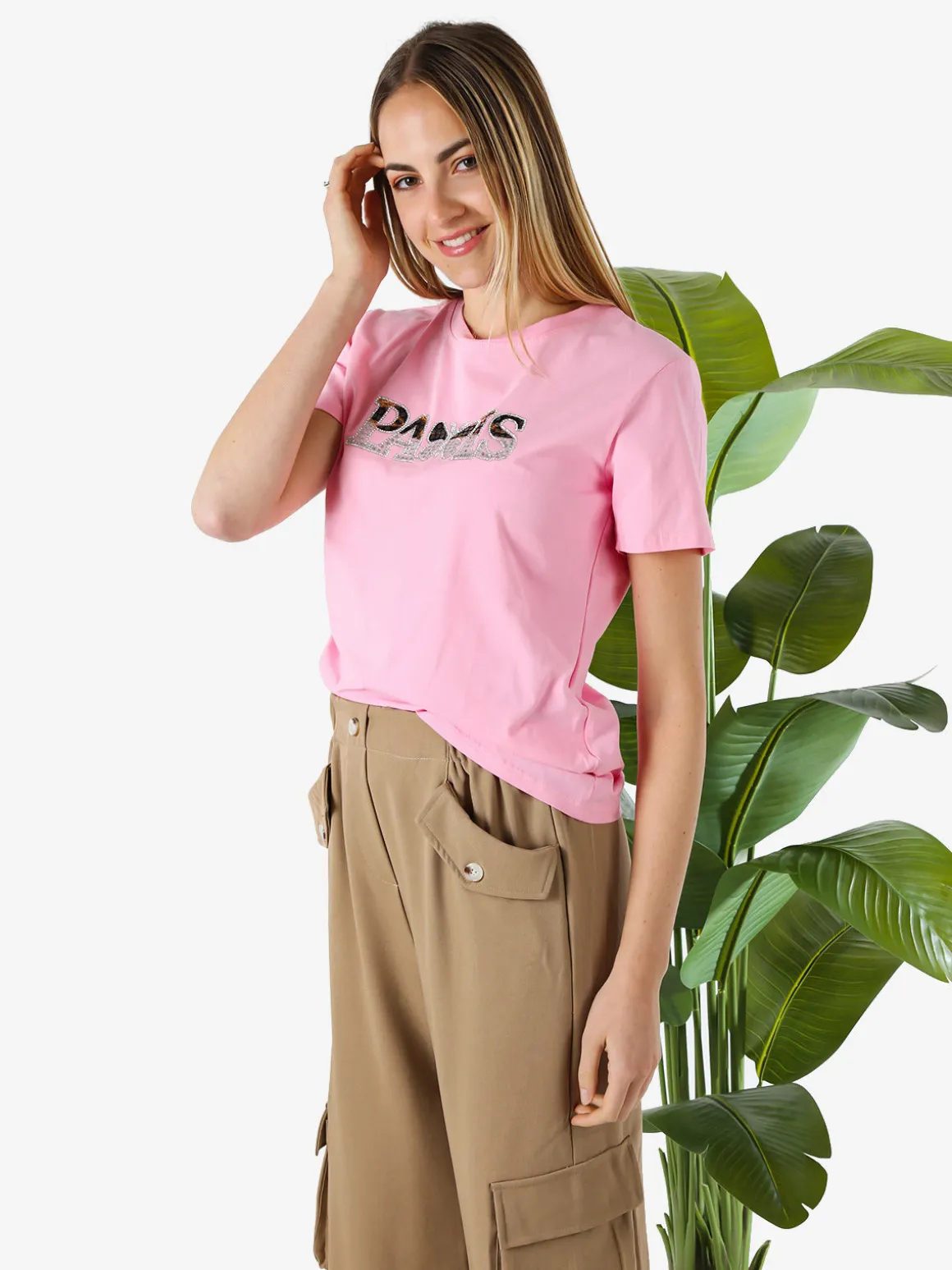 Monte Cervino T-shirt donna in cotone con stampa e strass - rosa