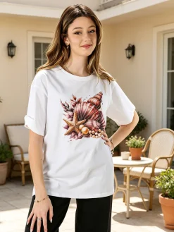 Monte Cervino T-shirt donna oversize in cotone con stampa e strass - rosa
