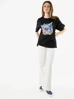 Monte Cervino T-shirt donna oversize in cotone con stampa e strass - nero