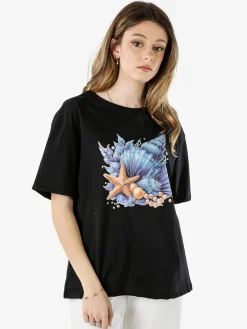 Monte Cervino T-shirt donna oversize in cotone con stampa e strass - nero