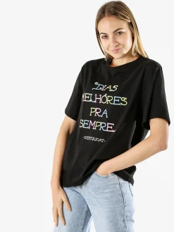 Monte Cervino T-shirt donna oversize con ricami colorati - nero