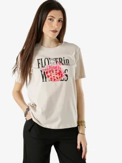 Monte Cervino T-shirt girocollo da donna in cotone con stampe - beige