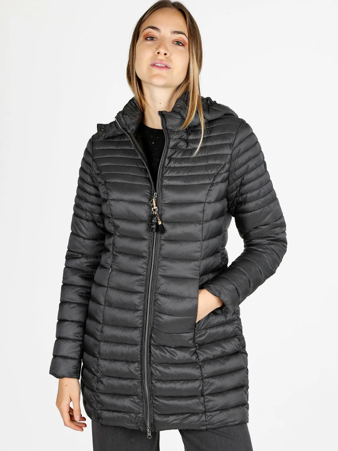 Mont Rose Giubbotto lungo da donna con cappuccio e zip - nero