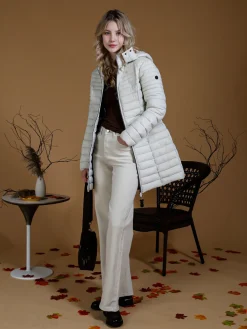 Mont Rose Giubbotto lungo da donna con cappuccio e zip - panna