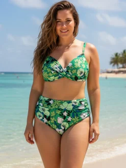 Moorea Beach Bikini donna floreale con coppe sfoderate con ferretto e slip arricciato - verde