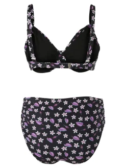 Moorea Beach Bikini donna floreale con coppe sfoderate con ferretto e slip arricciato - nero