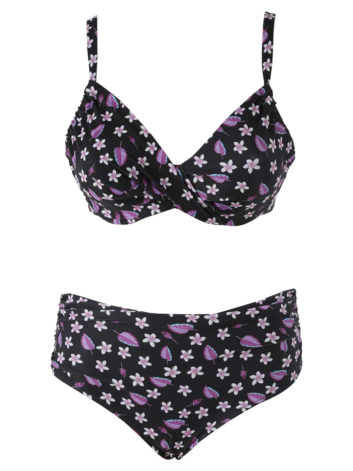 Moorea Beach Bikini donna floreale con coppe sfoderate con ferretto e slip arricciato - nero