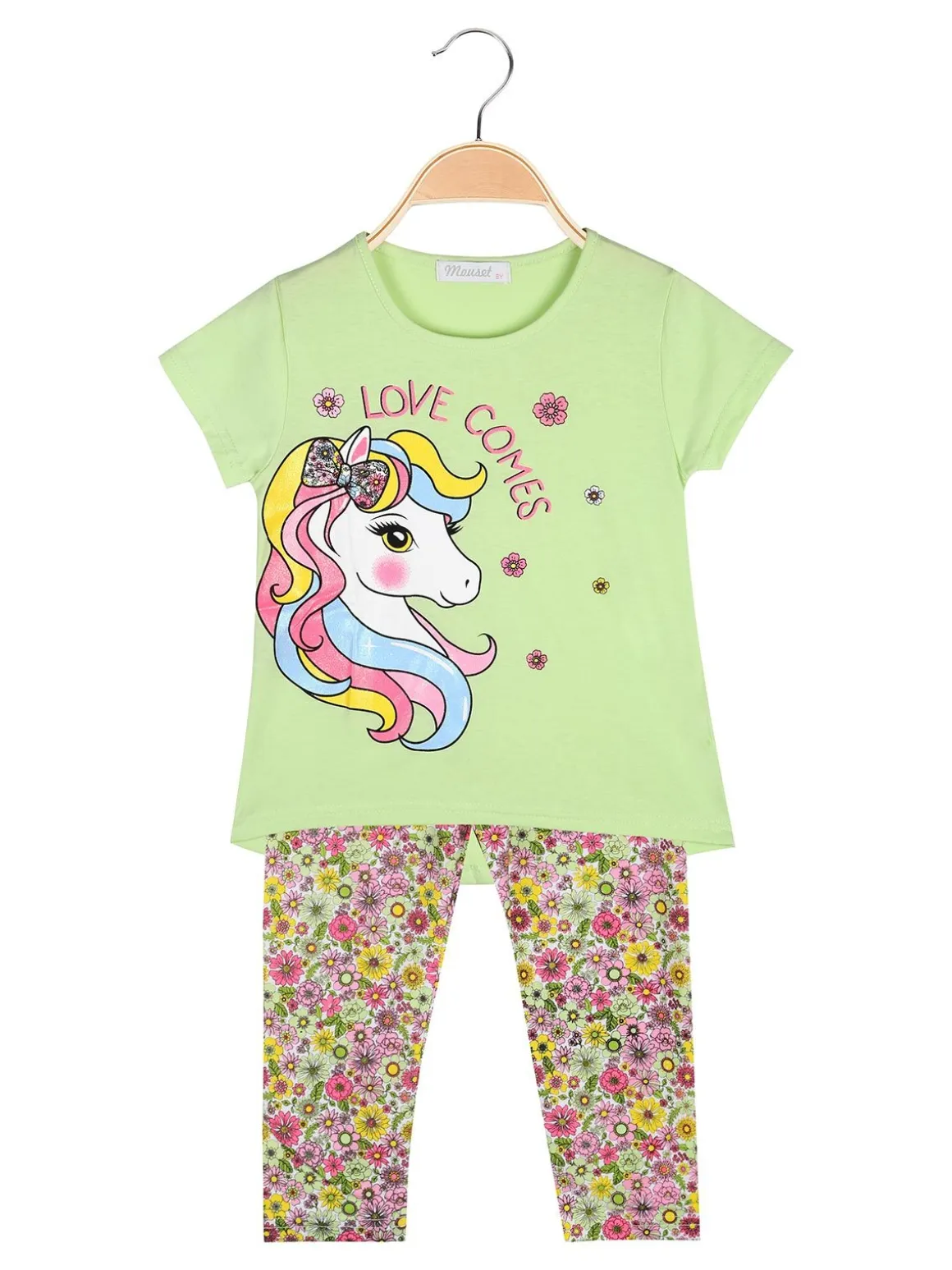 Mouset Completo da bambina 2 pezzi con t-shirt e leggings fiorati a 3/4