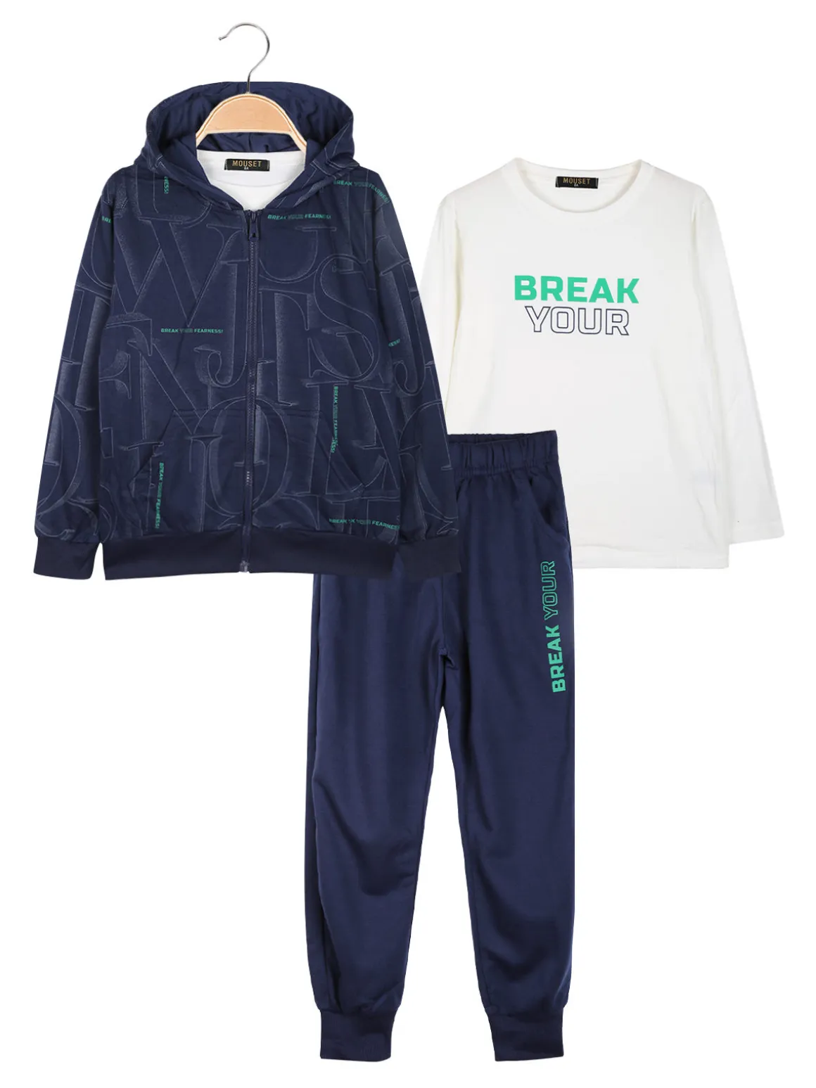 Mouset Completo 3 pezzi da bambino con cappuccio e zip - blu
