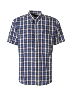 Mrhope Camicia da uomo in cotone a maniche corte con stampa a quadri e taschino - blu scuro