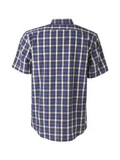Mrhope Camicia da uomo in cotone a maniche corte con stampa a quadri e taschino - blu scuro
