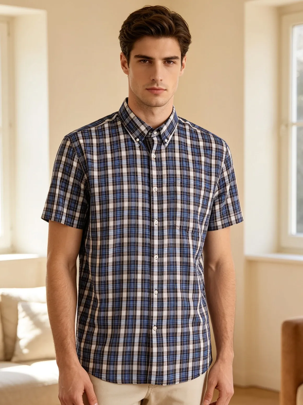 Mrhope Camicia da uomo in cotone a maniche corte con stampa a quadri e taschino - blu scuro
