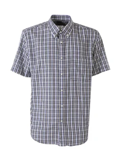 Mrhope Camicia da uomo in cotone a maniche corte con stampa a quadri e taschino - blu