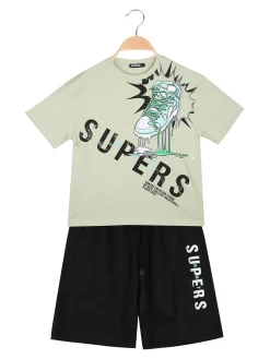 Mr Jek Completo corto da bambino in cotone con t-shirt e bermuda - pistacchio