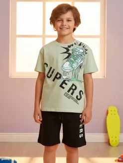 Mr Jek Completo corto da bambino in cotone con t-shirt e bermuda - pistacchio